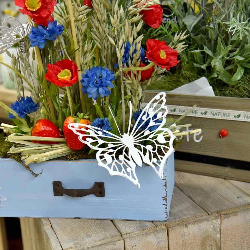 Floristik24 Blompluggfjäril, trädgårdsdekoration metall, plantplugg shabby chic vit, silver L51cm 3st