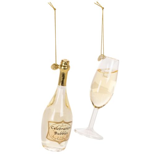 Set med hängen i form av champagneflaska och champagneglas, julgransdekoration, 14 cm, 2 delar