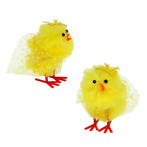 Artikel Chenille chick med klänning, rosett 5cm gul 4st