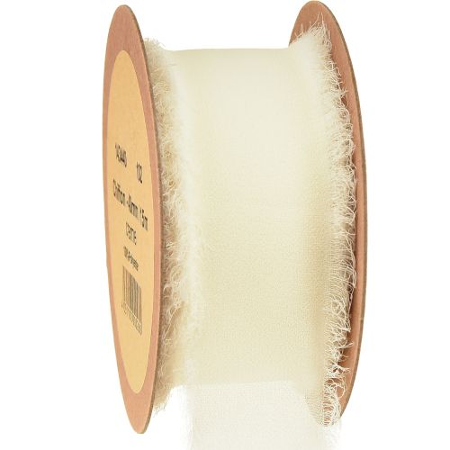 Floristik24 Chiffongband krämfärgat tygband med fransar 40mm 15m