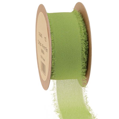 Artikel Chiffongband grönt tygband med fransar ljus oliv 40mm 15m