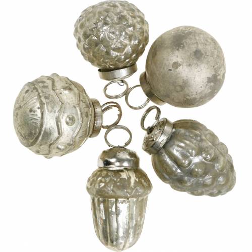 Miniträddekorationer höstfrukter och bollar pärlemor, antik silver äkta glas 3,4–4,4cm 10st