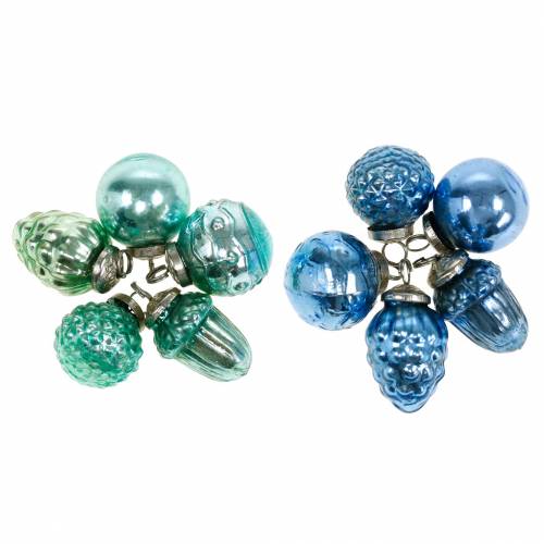 Floristik24 Miniträddekoration mix höstfrukter och bollar blå/grön, silver äkta glas 3,4–4,4cm 10st