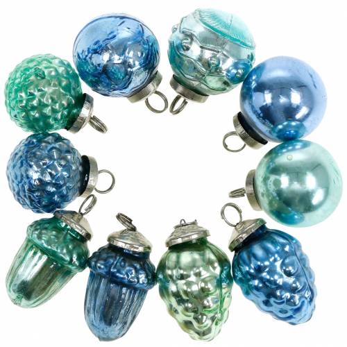 Floristik24 Miniträddekoration mix höstfrukter och bollar blå/grön, silver äkta glas 3,4–4,4cm 10st