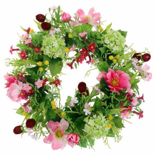 Floristik24 Dekorativ krans med Cosmea och snöbollsrosa, gul, grön Ø30cm