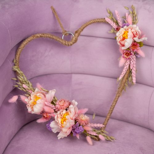 DIY box hjärta dekorationsögla med pioner och torkade blommor rosa 33cm