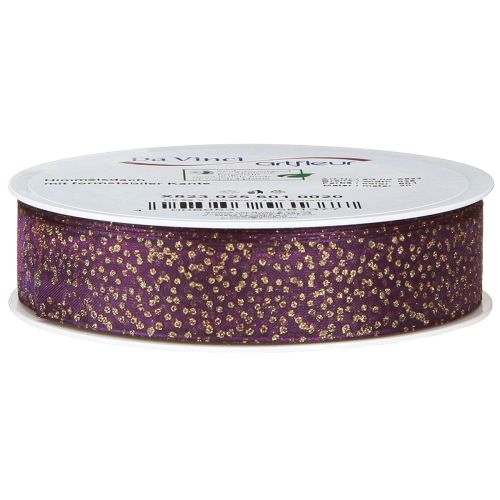Artikel Dekorationsband lila med gyllene prickar, formstabil, 25mm, 20m