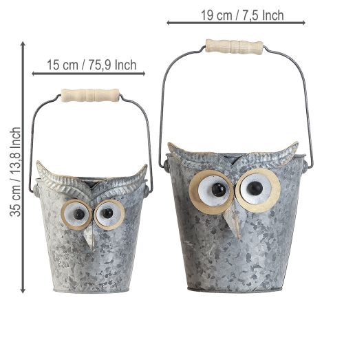 Artikel Dekorativ hink uggla zinkplanter med handtag Ø15/19cm set om 2
