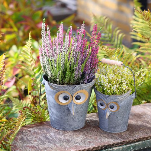 Artikel Dekorativ hink uggla zinkplanter med handtag Ø15/19cm set om 2