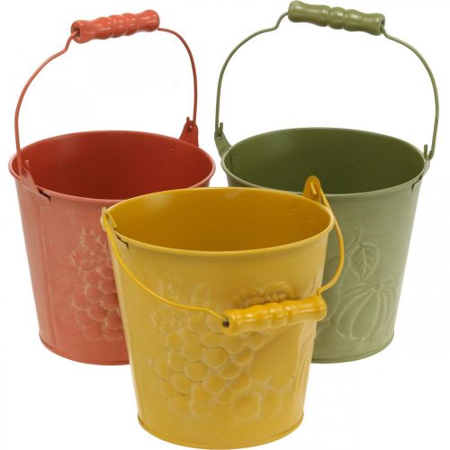 Artikel Dekorativ hink med frukt tvättad gul, orange, grön Ø15cm H14cm set om 3