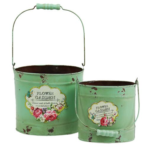 Floristik24 Dekorativ hink oval 2-set rosmotiv grön 13,5 cm / 17 cm