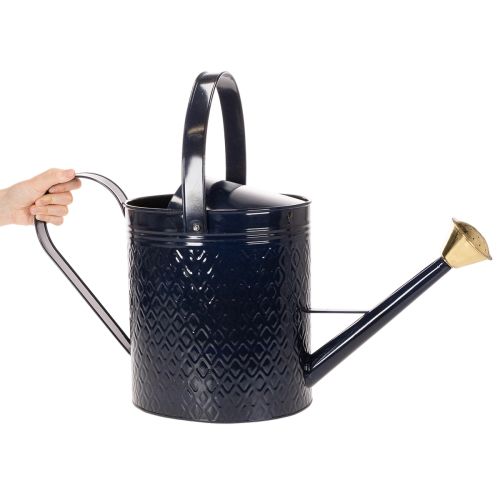 Dekorativ vattenkanna, vintage blå och guldrutig metall, retrodesign för inomhusbruk, trädgård eller balkong, 65 cm | Floristik24.se