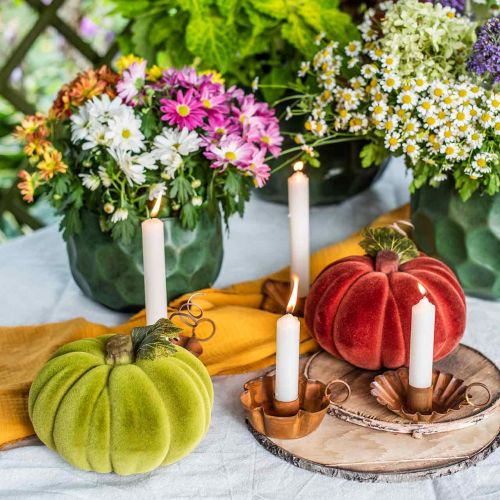 Artikel Dekorativ pumpa flockad mix orange, grön, röd höstdekoration 16cm 3 st