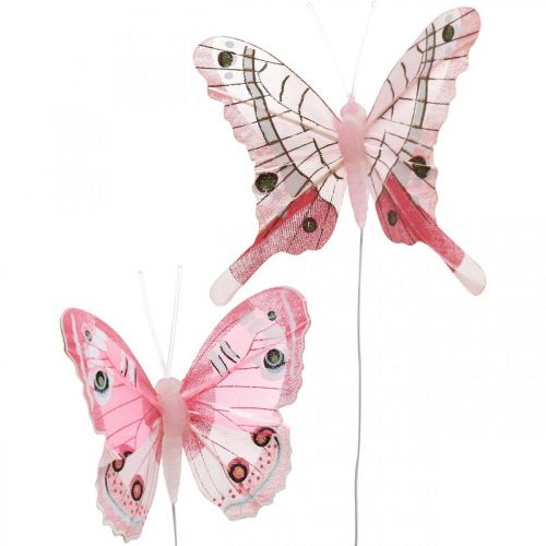 Floristik24 Dekorativa fjärilar rosa fjäderfjäril på tråd 7,5 cm 6st