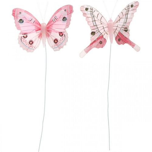 Floristik24 Dekorativa fjärilar rosa fjäderfjäril på tråd 7,5 cm 6st