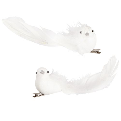 Artikel Dekorativa duvor på klämma duvpar med fjädrar och glittervitt 16cm 2 st