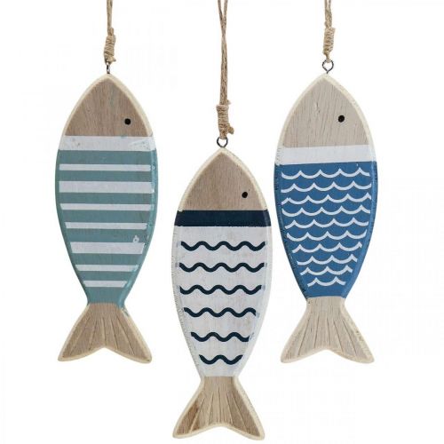 Artikel Deco fisk, trä fisk dekoration, fisk hänge trä 15cm 3st