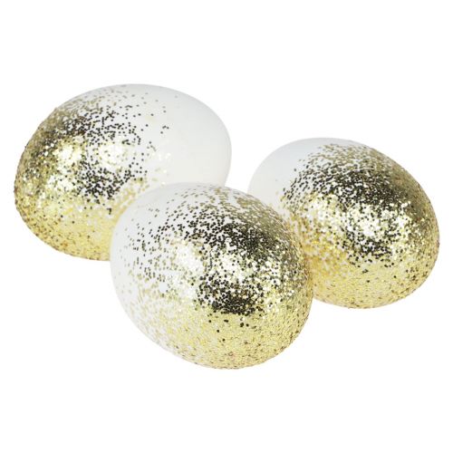 Artikel Dekorativa påskägg äkta gåsäggvita med guldglitter H7,5–8,5cm 10st