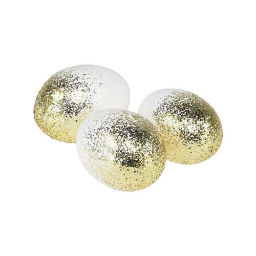 Dekorativa påskägg äkta kycklingäggvita med guldglitter H5,5–6cm 10 st.