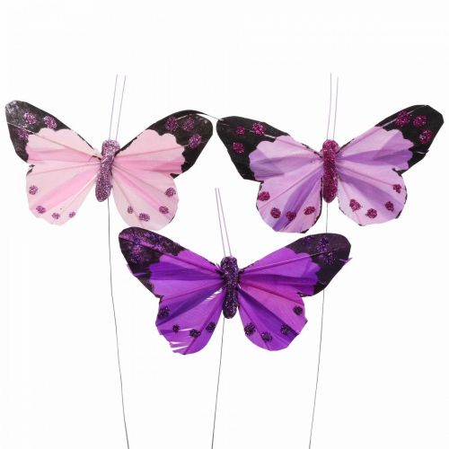 Artikel Deco fjäril på tråd fjäder fjärilar lila/rosa 9,5cm 12st