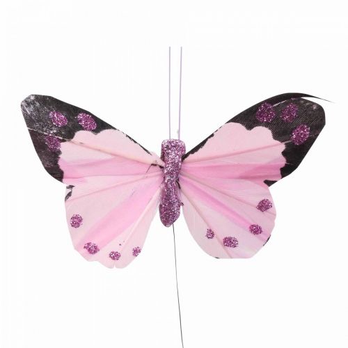 Artikel Deco fjäril på tråd fjäder fjärilar lila/rosa 9,5cm 12st