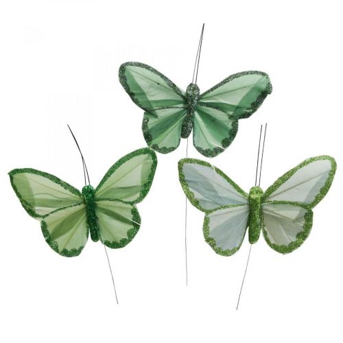 Artikel Dekorativa fjärilar gröna fjäderfjärilar på tråd 10cm 12st