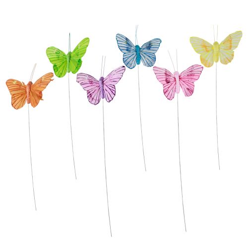 Floristik24 Dekorativa fjärilar på tråd färgglada fjädrar 5,5×8cm 12st