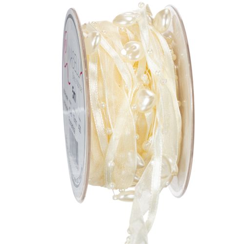 Floristik24 Dekorativt band, krämfärgat, hjärtan, pärlor, bröllopsdekoration, 10mm, 5m