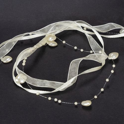 Artikel Dekorativt band, krämfärgat, hjärtan, pärlor, bröllopsdekoration, 10mm, 5m