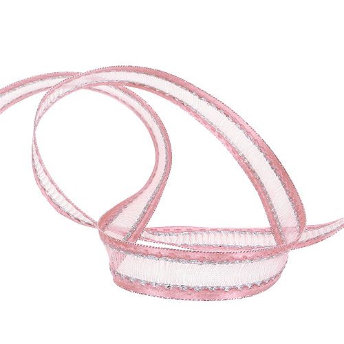 Floristik24 Dekorativt bandrosa med lurexränder i silver 15mm 20m