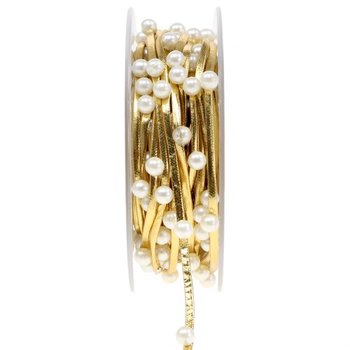 Floristik24 Dekorativt band guld med pärlor 10mm 8m