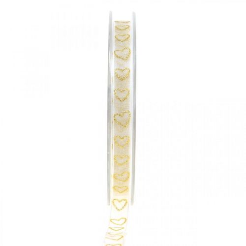 Floristik24 Dekorband vit presentband hjärta guld glitter 10mm 20m