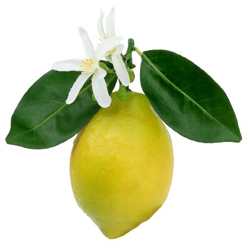Dekorativ frukt, citroner med blad gula 9,5cm 4st