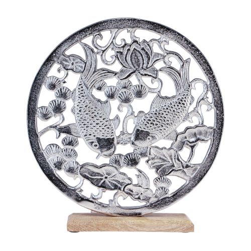 Artikel Dekorativ ring metall träbotten silver lotus koi dekoration Ø32cm