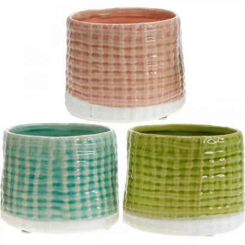 Dekorativa krukor med korgmönster, kruka, keramisk kruka mint/grön/rosa Ø13cm 3st