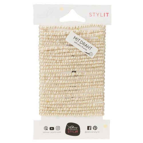 Artikel Vitt ullsnöre med guldtråd 5m x 5mm med ståltråd för dekoration och pyssel