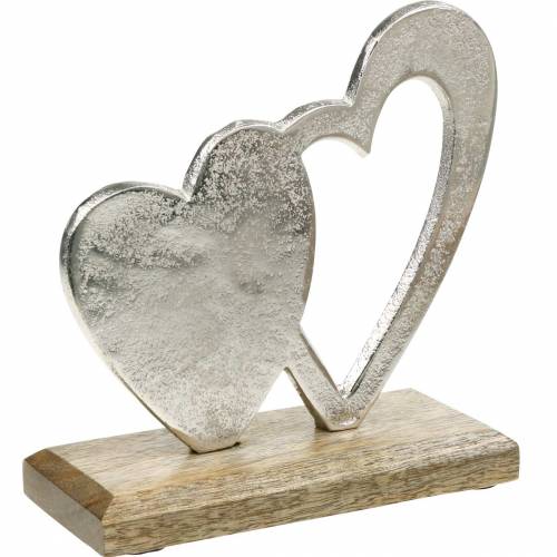 Floristik24 Dekorativt hjärtsilver, metallhjärta på mangoträ, Alla hjärtans dag, bordsdekoration dubbelhjärta