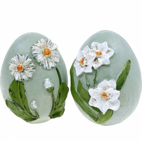 Påskägg med blomstermotiv prästkragar och påskliljor Blå, grönt gips blandat 2st