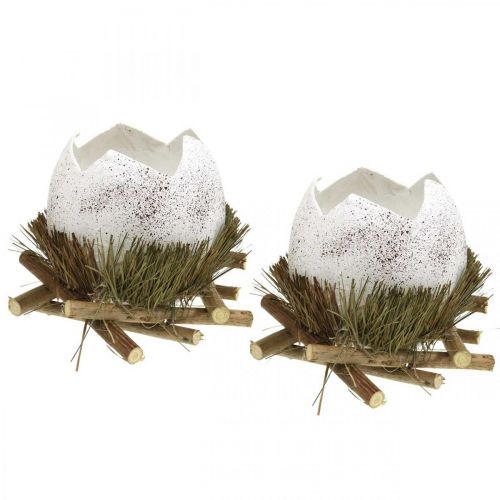 Påskdekoration, ägg i boet, dekorativt ägg, fågelbo Ø9cm H10cm vit, naturliga färger 4st