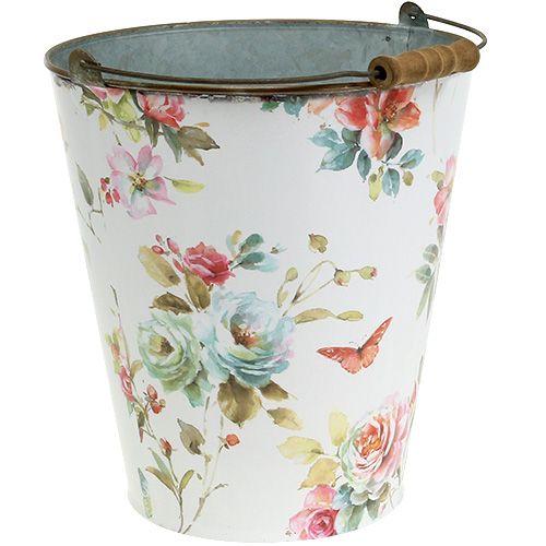 Floristik24 Hink vit med blommönster Ø20,5cm H22,5cm