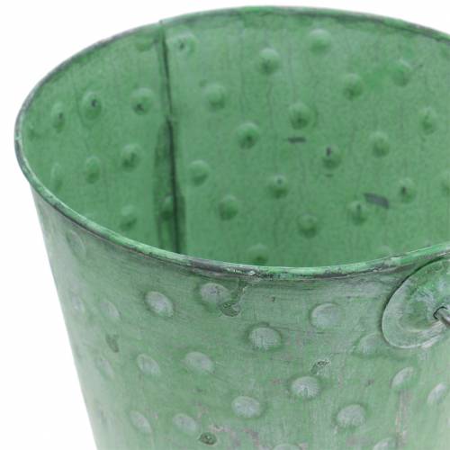 Floristik24 Dekorativ hinkkruka med prickar metallgrön tvättad Ø13cm H12,5cm