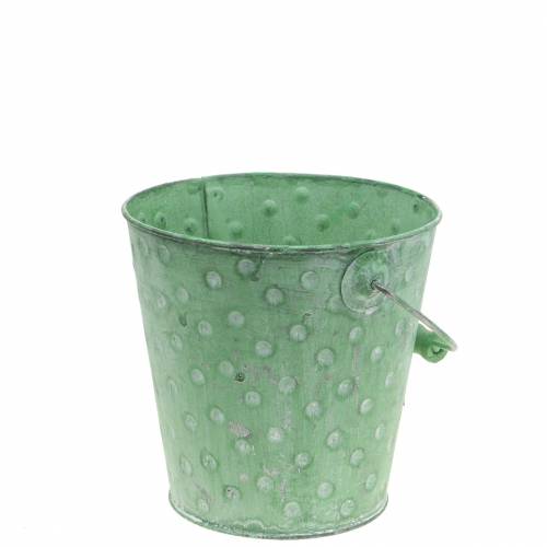 Floristik24 Dekorativ hinkkruka med prickar metallgrön tvättad Ø13cm H12,5cm