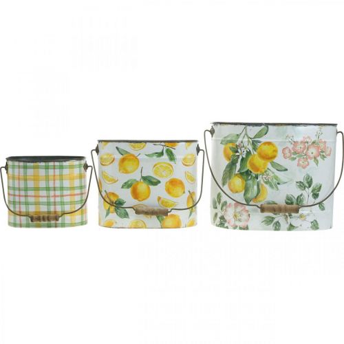 Artikel Metallkruka gröngul, sommardekoration, hink med handtag, medelhavs citronmotiv L28/22,5/cm H23/18/15cm