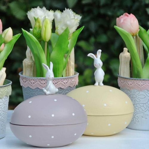 Floristik24 Kanin på ägg, dekorativt ägg att fylla, påsk, dekorationslåda gul, lila H17/16cm L15cm set om 2