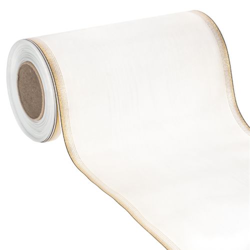 Elegant moiré-kransband, 200 mm vitt med guldpärlkant och speciell finish, 25 m - Perfekt för dekorationer och fester köpa | Floristik24.se