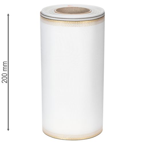 Elegant moiré-kransband, 200 mm vitt med guldpärlkant och speciell finish, 25 m - Perfekt för dekorationer och fester | Floristik24.se