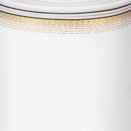 Elegant moiré-kransband, 200 mm vitt med guldpärlkant och speciell finish, 25 m - Perfekt för dekorationer och fester | Floristik24.se
