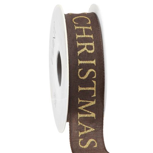 Artikel Elegant julband i mörkbrunt med gyllene &#39;Merry Christmas&#39;-skrift, bredd 25mm, längd 15m
