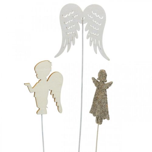 Floristik24 Adventsplugg ängel, vingar för stickning, träängel, juldekoration natur, vit, guldglitter 18 stycken