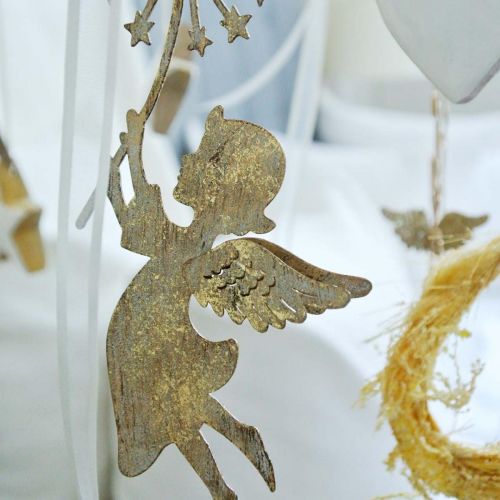 Artikel Ängel med maskros, juldekoration, dekorativt hänge, metalldekoration gyllene antik look H16/15cm 4st